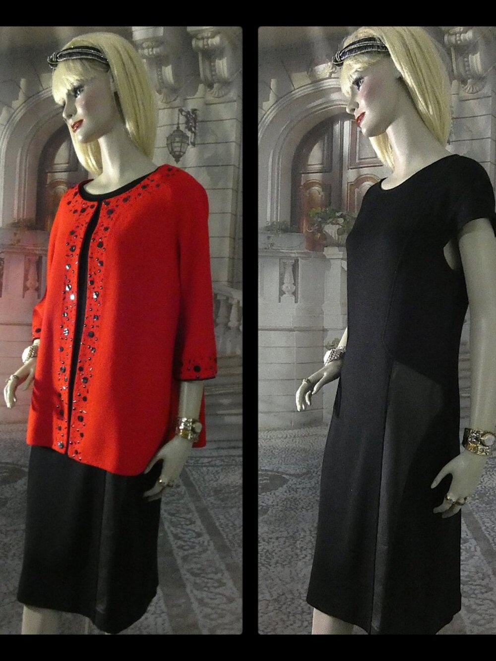 St. John Collection Suit Sz 12 Red Jacket Buttons Beads w/ Designer Black Dress